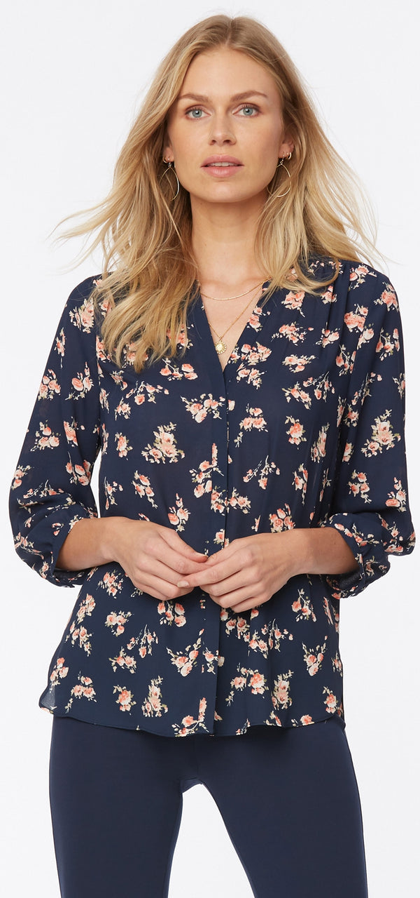 Pintuck Blouse Blue Flower Print | Brenda Park | Blouse | NYDJ